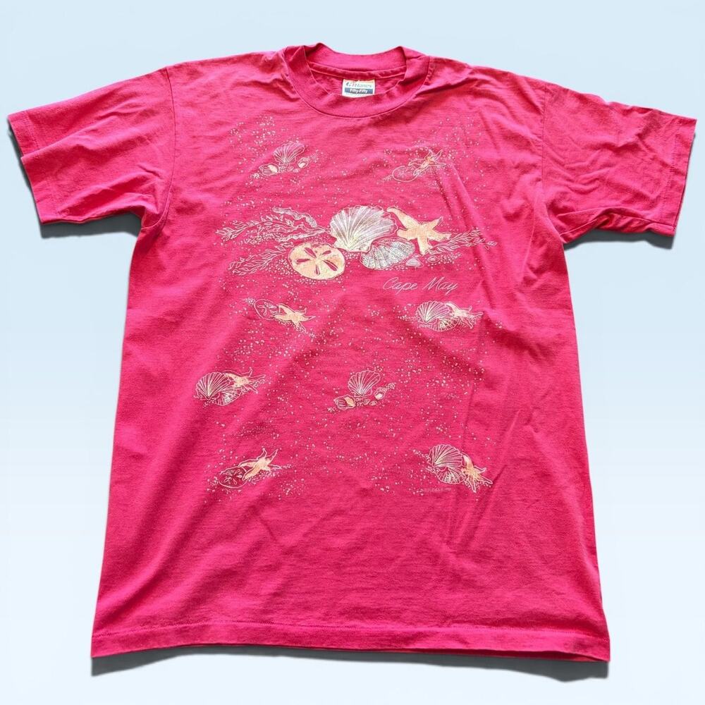 Vintage Cape May Shirt Mens Large Pink Shell Beach Graphic Hanes Tee T-Shirt USA